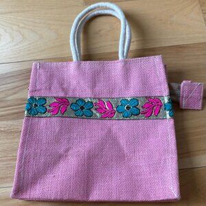 Pink Handmade burlap shoulder bag with patch work